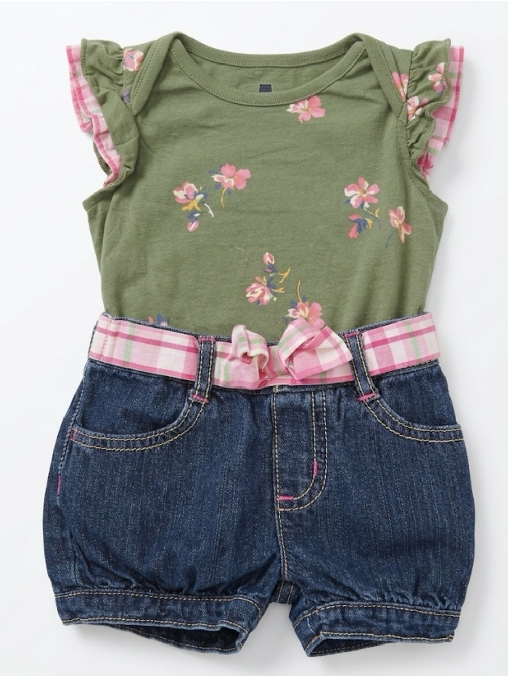Gap Olive Green Floral Shirt with a matching denim shorts with Pink Plaid Belt